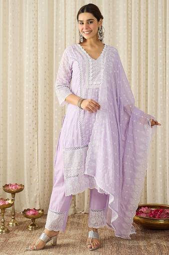 Women Ethnic Motifs Embroidered Regular Chikankari Pure Cotton Kurta with Trousers & With Dupatta