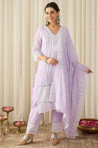 Women Ethnic Motifs Embroidered Regular Chikankari Pure Cotton Kurta with Trousers & With Dupatta