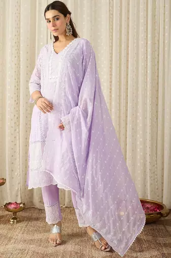 Women Ethnic Motifs Embroidered Regular Chikankari Pure Cotton Kurta with Trousers & With Dupatta