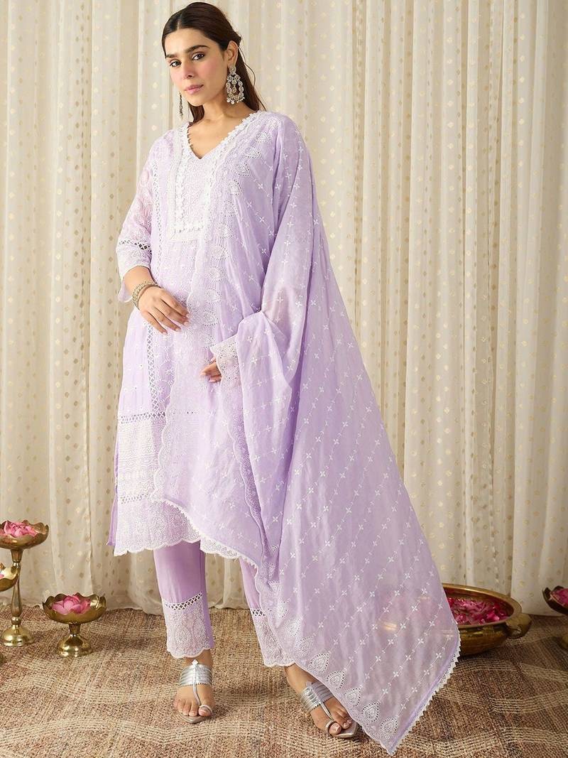 women ethnic motifs embroidered regular chikankari  cotton kurta with trousers & with dupatta