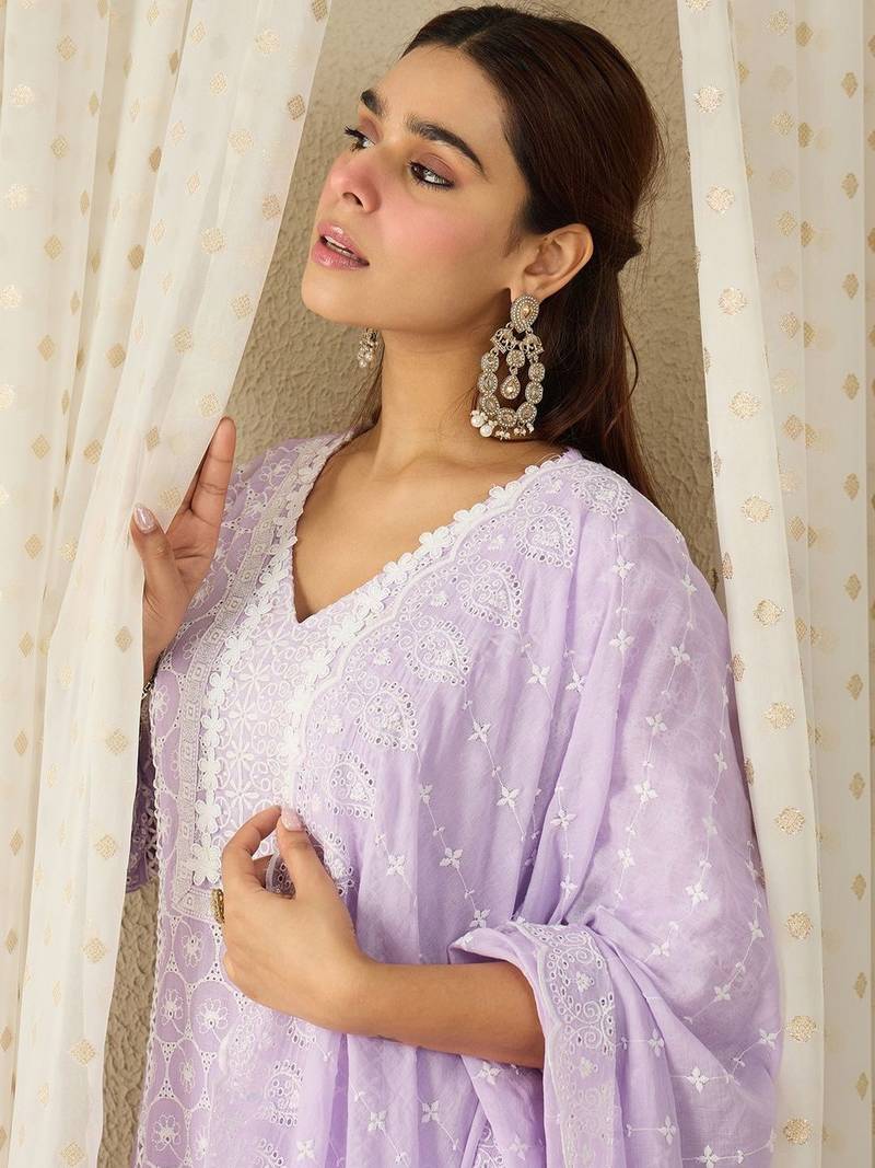 women ethnic motifs embroidered regular chikankari  cotton kurta with trousers & with dupatta