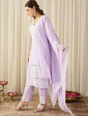 women ethnic motifs embroidered regular chikankari  cotton kurta with trousers & with dupatta 4