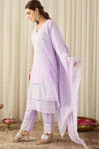 Women Ethnic Motifs Embroidered Regular Chikankari Pure Cotton Kurta with Trousers & With Dupatta