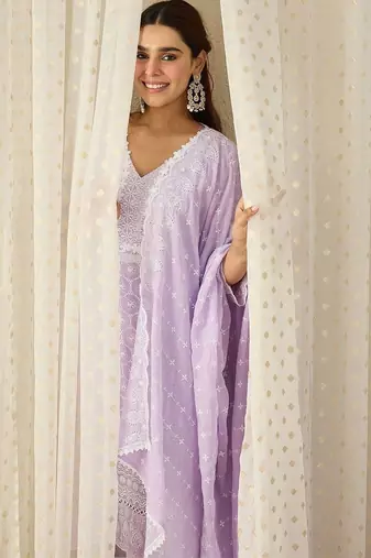 Women Ethnic Motifs Embroidered Regular Chikankari Pure Cotton Kurta with Trousers & With Dupatta