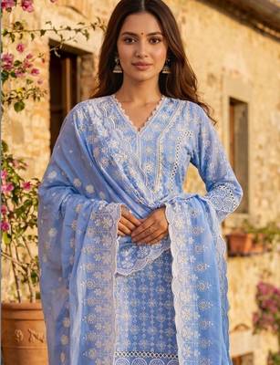 women ethnic motifs embroidered regular thread work  cotton kurta with trousers & with dupatta 2