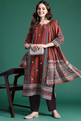 Geometric Printed Pure Cotton Kurta with Trousers & Dupatta