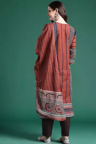 Geometric Printed Pure Cotton Kurta with Trousers & Dupatta