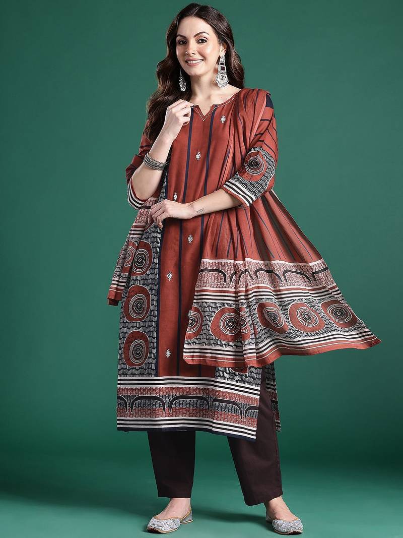 Geometric Printed Pure Cotton Kurta with Trousers & Dupatta