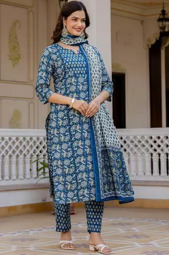 Women Ethnic Motifs Printed Regular Pure Cotton Kurta with Trousers & With Dupatta