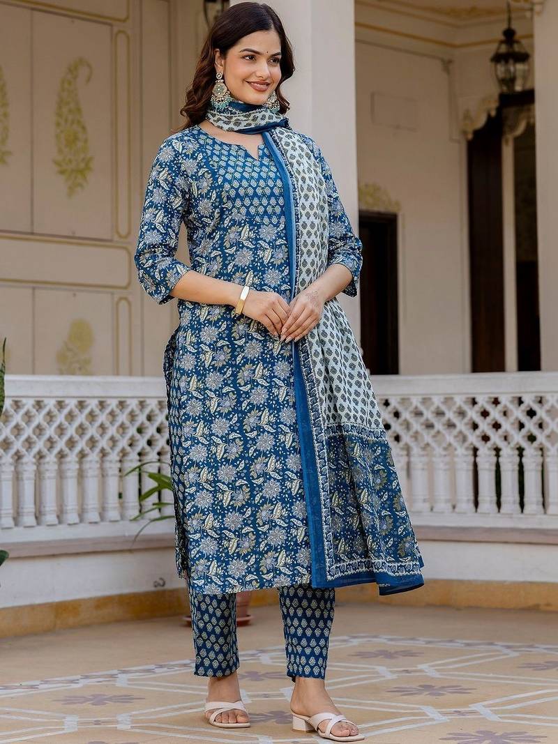 Women Ethnic Motifs Printed Regular Pure Cotton Kurta with Trousers & With Dupatta