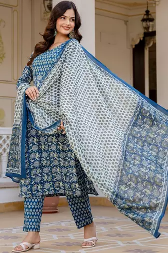Women Ethnic Motifs Printed Regular Pure Cotton Kurta with Trousers & With Dupatta