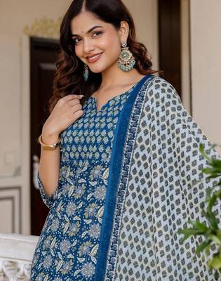 Women Ethnic Motifs Printed Regular Pure Cotton Kurta with Trousers & With Dupatta 4