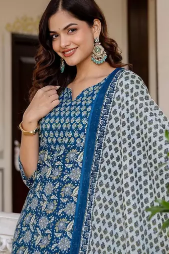 Women Ethnic Motifs Printed Regular Pure Cotton Kurta with Trousers & With Dupatta