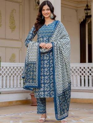 Women Ethnic Motifs Printed Regular Pure Cotton Kurta with Trousers & With Dupatta 5