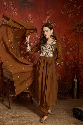 Elegant brown mull chanderi flared kurti pant set