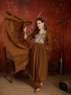 Elegant brown mull chanderi flared kurti pant set 1