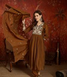 Elegant brown mull chanderi flared kurti pant set