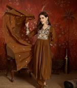 Elegant brown mull chanderi flared kurti pant set