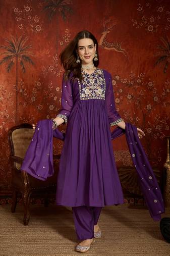  purple mull chanderi flared kurti pant set