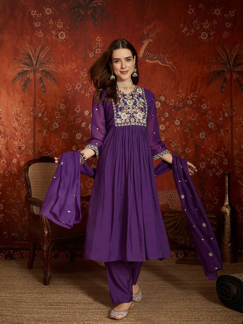  purple mull chanderi flared kurti pant set