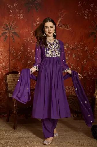  purple mull chanderi flared kurti pant set