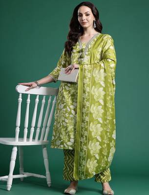 Women Floral Printed Regular Beads and Stones Kurta with Trousers & With Dupatta 8