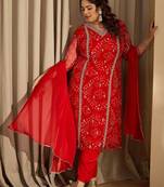 Plus Size Red Embroidered Straight Kurta Trousers With Dupatta Set