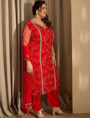 Plus Size Red Embroidered Straight Kurta Trousers With Dupatta Set 5