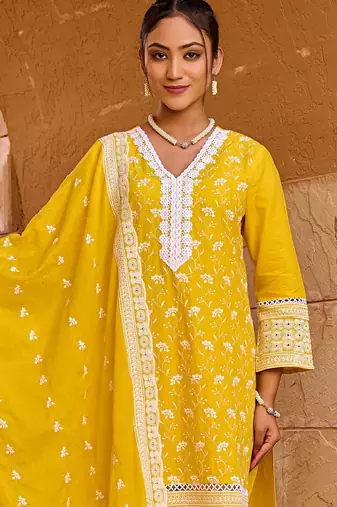 Women Ethnic Motifs Embroidered Pure Cotton Kurta with Trouser & Dupatta