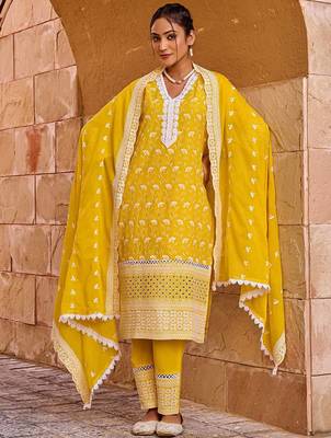 Women Ethnic Motifs Embroidered Pure Cotton Kurta with Trouser & Dupatta 1