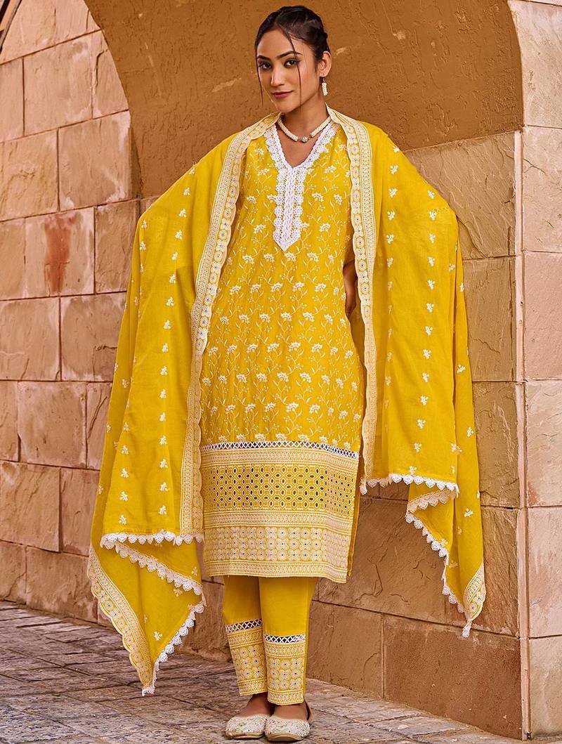 Women Ethnic Motifs Embroidered Pure Cotton Kurta with Trouser & Dupatta