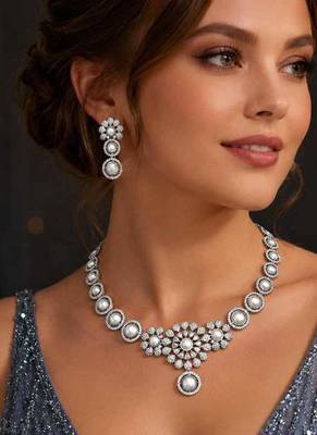 Pearl Cubic Zirconia Bridal Necklace Set, Floral Wedding Jewelry Earrings 1