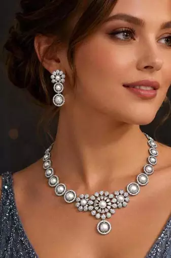 Pearl Cubic Zirconia Bridal Necklace Set, Floral Wedding Jewelry Earrings