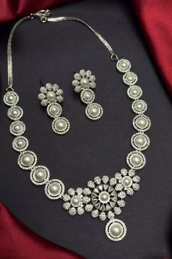 Pearl Cubic Zirconia Bridal Necklace Set, Floral Wedding Jewelry Earrings