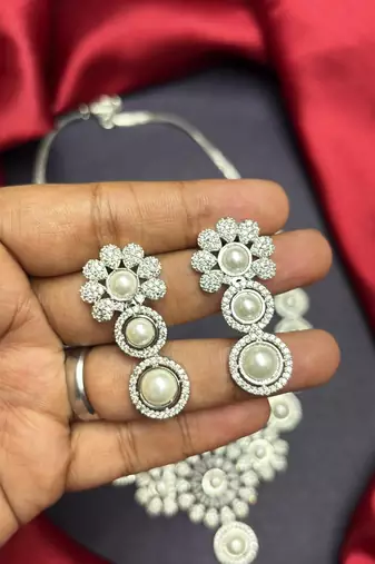 Pearl Cubic Zirconia Bridal Necklace Set, Floral Wedding Jewelry Earrings