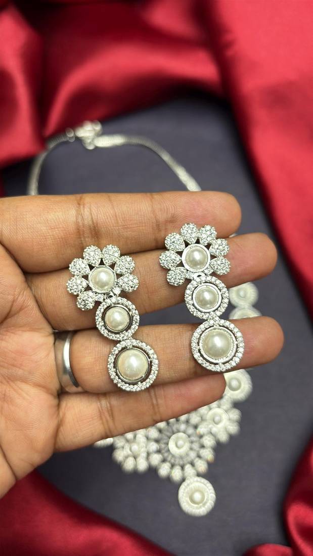 Pearl Cubic Zirconia Bridal Necklace Set, Floral Wedding Jewelry Earrings