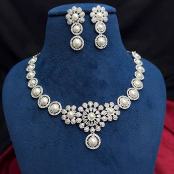 Pearl Cubic Zirconia Bridal Necklace Set, Floral Wedding Jewelry Earrings 4