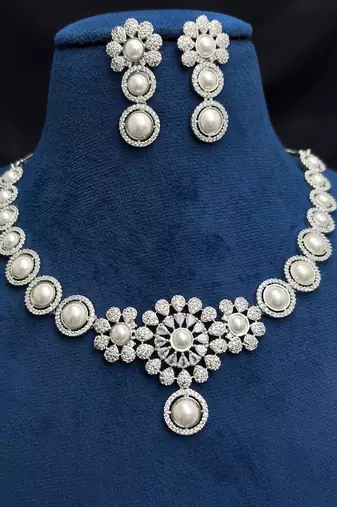 Pearl Cubic Zirconia Bridal Necklace Set, Floral Wedding Jewelry Earrings