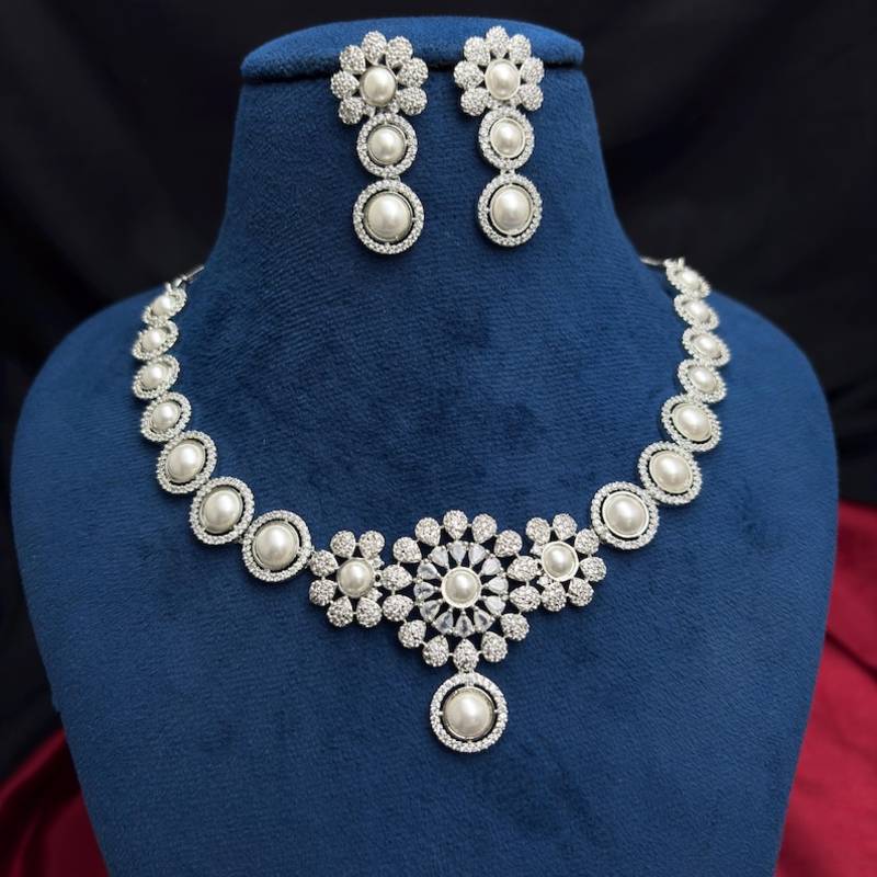 Pearl Cubic Zirconia Bridal Necklace Set, Floral Wedding Jewelry Earrings