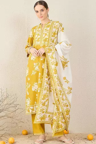 Women Floral Printed Pure Cotton Kurta with Trousers & Dupatta