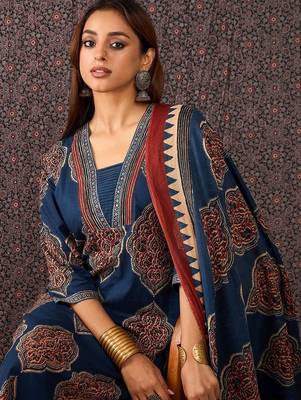 Women Ajrakh Printed Straight Kurta Trousers With Dupatta Set 2