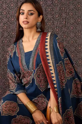 Women Ajrakh Printed Straight Kurta Trousers With Dupatta Set