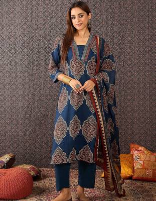 Women Ajrakh Printed Straight Kurta Trousers With Dupatta Set 1