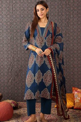 Women Ajrakh Printed Straight Kurta Trousers With Dupatta Set