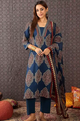 Women Ajrakh Printed Straight Kurta Trousers With Dupatta Set