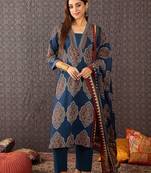 Women Ajrakh Printed Straight Kurta Trousers With Dupatta Set