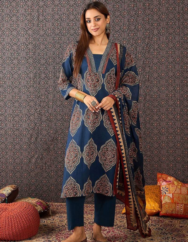 Women Ajrakh Printed Straight Kurta Trousers With Dupatta Set