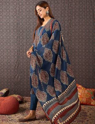 Women Ajrakh Printed Straight Kurta Trousers With Dupatta Set 3