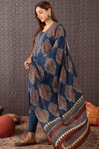 Women Ajrakh Printed Straight Kurta Trousers With Dupatta Set