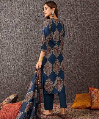 Women Ajrakh Printed Straight Kurta Trousers With Dupatta Set 4